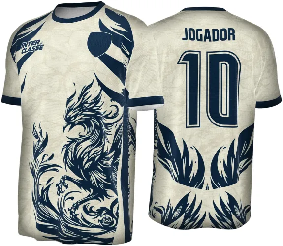 Camisa creme com detalhes em azul marinho, frente com fênix estilizada, escudo liso e texto INTER CLASSE, costas com número 10 e nome JOGADOR, gola e punhos em azul marinho.