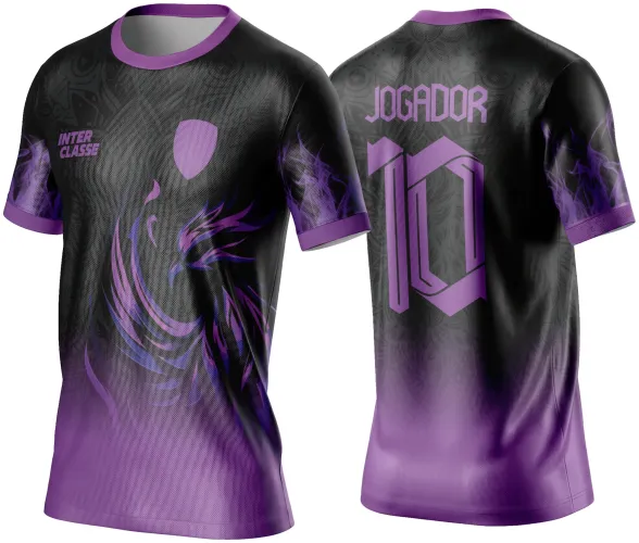 Camisa preta com degradê em roxo, mascote fênix estilizada em tons de roxo e azul na frente, texto INTER CLASSE no peito. Nas costas, texto JOGADOR e número 10 em roxo, com padrão de fumaça roxa nas mangas e detalhes em roxo.