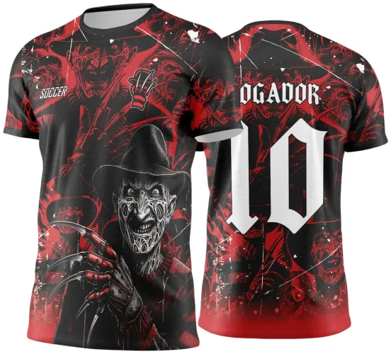 Camisa com arte de Freddy Krueger na frente em preto e vermelho, com luva de garras vermelhas. Nas costas, número branco 10 com texto 'Jogador' em estilo gótico. Fundo vermelho e preto com múltiplos rostos sombrios do personagem.