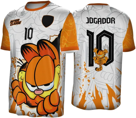 Camisa branca com mangas e gola laranja, estampa frontal grande do Garfield laranja com expressão sonolenta, número 10 preto no peito e texto INTER CLASSE. Costas com número 10 preto e Garfield centralizado, texto JOGADOR no topo.