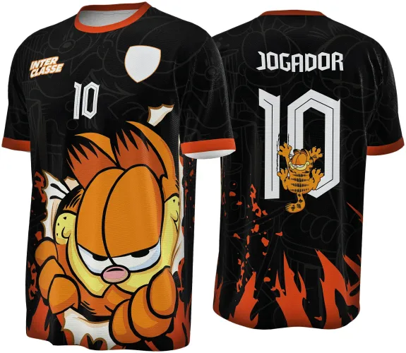 Camisa preta com detalhes laranja, Garfield grande na frente, texto INTER CLASSE e número 10 em branco. Nas costas, número 10 com Garfield pulando e texto JOGADOR acima, detalhes em laranja na parte inferior.