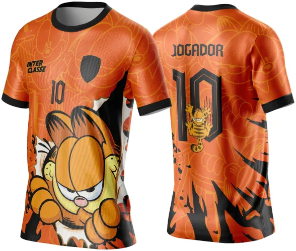 Camisa laranja com bordas pretas, frente com grande Garfield confiante e texto 'INTER CLASSE' e número 10. Costas apresentam o texto 'JOGADOR', número 10 com Garfield agarrado e fundo com padrão do personagem.