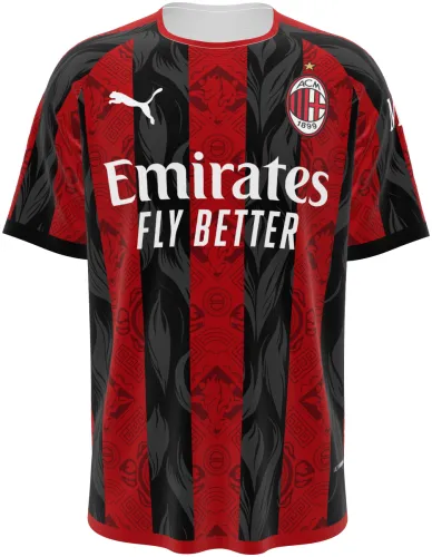 Camisa conceito do AC Milan 2026 com listras vermelhas e pretas ornamentadas, frente e costas
