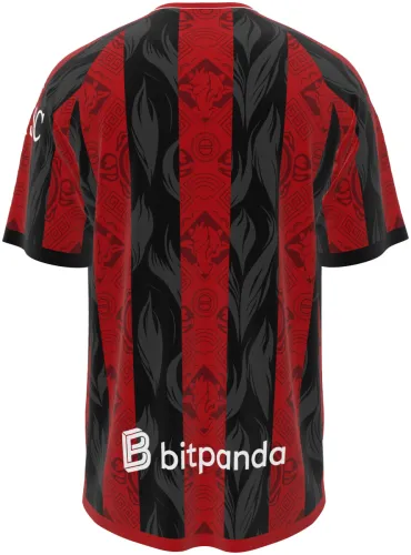 Camisa conceito do AC Milan 2026 com listras vermelhas e pretas ornamentadas, frente e costas