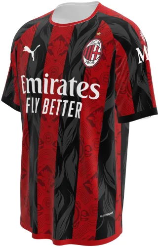 Camisa conceito do AC Milan 2026 com listras vermelhas e pretas ornamentadas, frente e costas