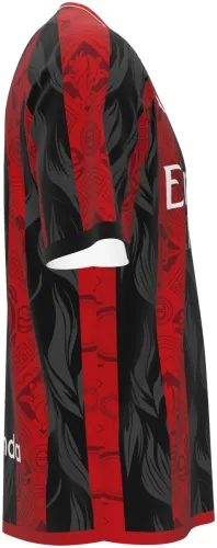 Camisa conceito do AC Milan 2026 com listras vermelhas e pretas ornamentadas, frente e costas