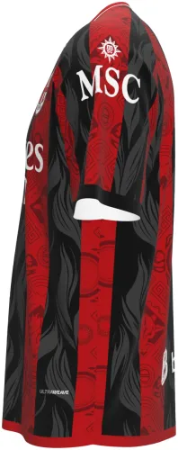 Camisa conceito do AC Milan 2026 com listras vermelhas e pretas ornamentadas, frente e costas