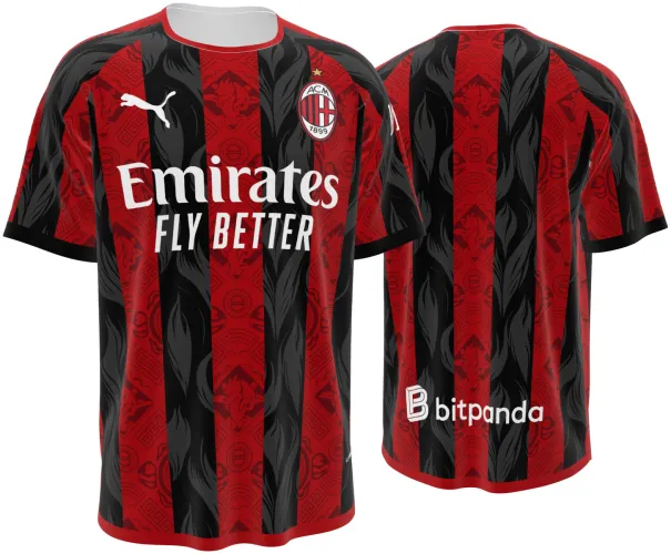 Camisa conceito do AC Milan 2026 com listras vermelhas e pretas ornamentadas, frente e costas