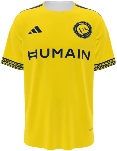 Camisa titular do Al Nassr 2026 - 2027 amarela com detalhes azuis, frente e costas