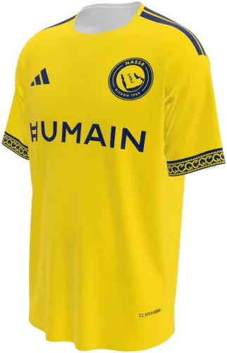 Camisa titular do Al Nassr 2026 - 2027 amarela com detalhes azuis, frente e costas