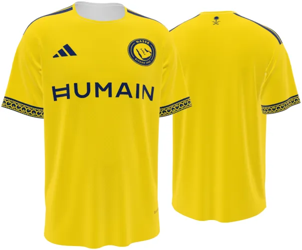 Camisa titular do Al Nassr 2026 - 2027 amarela com detalhes azuis, frente e costas