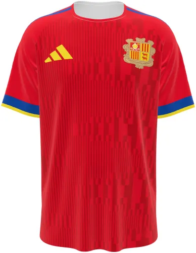 Camisa titular de Andorra 2026 vermelha com listras finas e punho azul e amarelo, frente e costas