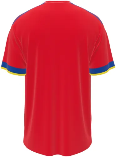 Camisa titular de Andorra 2026 vermelha com listras finas e punho azul e amarelo, frente e costas