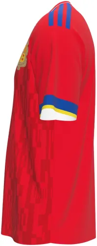 Camisa titular de Andorra 2026 vermelha com listras finas e punho azul e amarelo, frente e costas