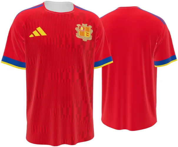 Camisa titular de Andorra 2026 vermelha com listras finas e punho azul e amarelo, frente e costas