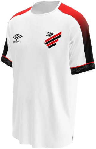 Camisa visitante do Athletico Paranaense 2026 branca com ombro vermelho e preto, frente e costas