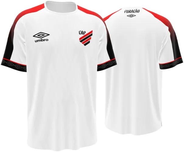 Camisa visitante do Athletico Paranaense 2026 branca com ombro vermelho e preto, frente e costas