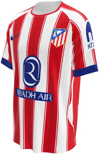 Camisa titular do Atlético de Madrid 2026 - 2027 listrada de vermelho e branco, frente e costas