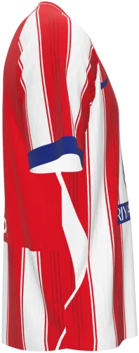 Camisa titular do Atlético de Madrid 2026 - 2027 listrada de vermelho e branco, frente e costas