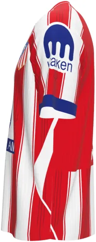 Camisa titular do Atlético de Madrid 2026 - 2027 listrada de vermelho e branco, frente e costas