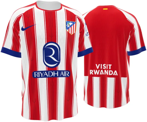 Camisa titular do Atlético de Madrid 2026 - 2027 listrada de vermelho e branco, frente e costas