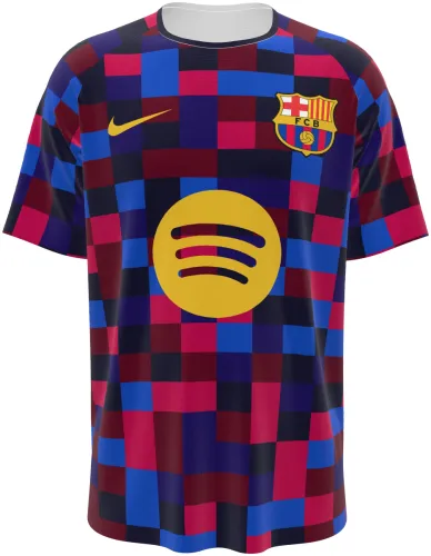 Camisa de pré-jogo do Barcelona 2026 - 2027 com xadrez de pixels grená, azul e preto, frente e costas