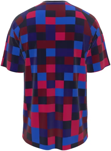 Camisa de pré-jogo do Barcelona 2026 - 2027 com xadrez de pixels grená, azul e preto, frente e costas