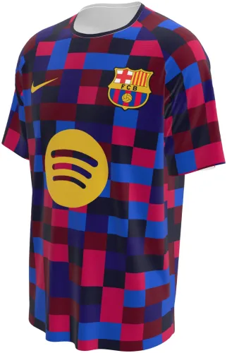 Camisa de pré-jogo do Barcelona 2026 - 2027 com xadrez de pixels grená, azul e preto, frente e costas