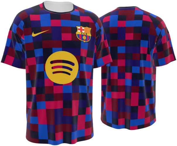 Camisa de pré-jogo do Barcelona 2026 - 2027 com xadrez de pixels grená, azul e preto, frente e costas