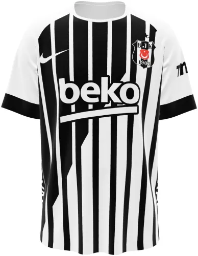 Camisa visitante do Beşiktaş 2026 - 2027 listrada de preto e branco, frente e costas