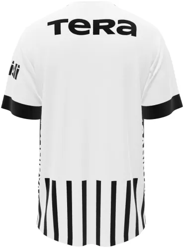 Camisa visitante do Beşiktaş 2026 - 2027 listrada de preto e branco, frente e costas