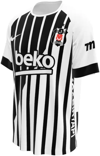 Camisa visitante do Beşiktaş 2026 - 2027 listrada de preto e branco, frente e costas