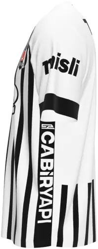 Camisa visitante do Beşiktaş 2026 - 2027 listrada de preto e branco, frente e costas