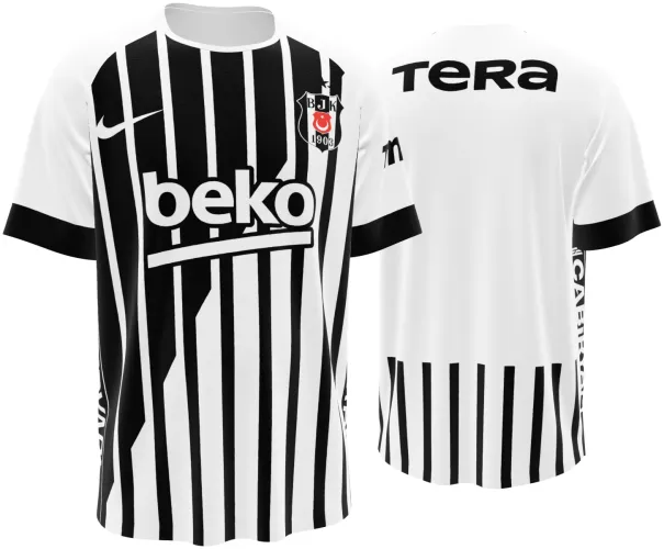 Camisa visitante do Beşiktaş 2026 - 2027 listrada de preto e branco, frente e costas