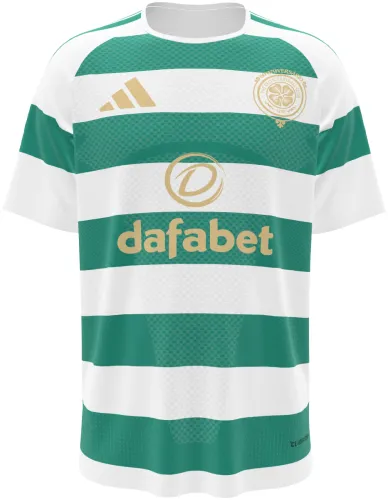 Camisa titular do Celtic 2026 - 2027 com faixas horizontais verdes e brancas, frente e costas