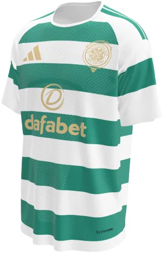 Camisa titular do Celtic 2026 - 2027 com faixas horizontais verdes e brancas, frente e costas