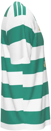 Camisa titular do Celtic 2026 - 2027 com faixas horizontais verdes e brancas, frente e costas