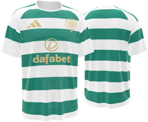 Camisa titular do Celtic 2026 - 2027 com faixas horizontais verdes e brancas, frente e costas