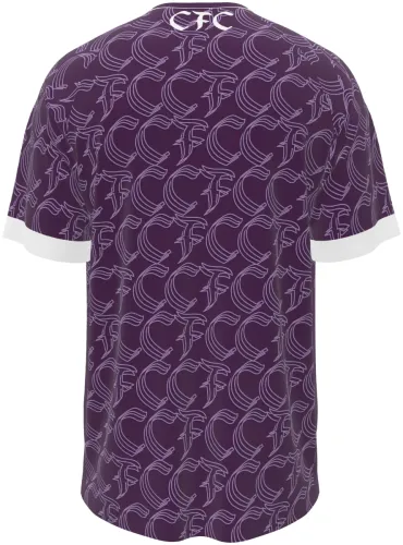 Camisa de goleiro do Cliftonville FC 2026 - 2027 roxa com monograma repetido, frente e costas