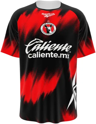 Camisa de treino do Club Tijuana 2026 - 2027 preta com chamas vermelhas em meio-tom, frente e costas