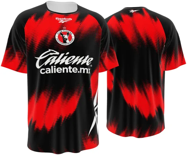 Camisa de treino do Club Tijuana 2026 - 2027 preta com chamas vermelhas em meio-tom, frente e costas