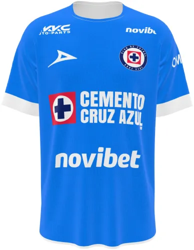Camisa titular do Cruz Azul 2026 - 2027 azul com escudos tom sobre tom, frente e costas