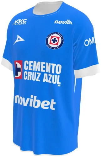 Camisa titular do Cruz Azul 2026 - 2027 azul com escudos tom sobre tom, frente e costas