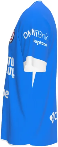 Camisa titular do Cruz Azul 2026 - 2027 azul com escudos tom sobre tom, frente e costas