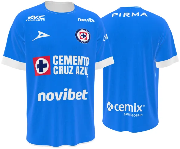 Camisa titular do Cruz Azul 2026 - 2027 azul com escudos tom sobre tom, frente e costas