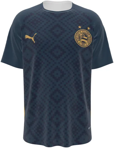 Camisa terceiro uniforme do EC Bahia 2026 azul-petróleo com losangos e dourado, frente e costas
