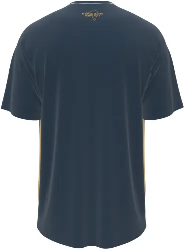 Camisa terceiro uniforme do EC Bahia 2026 azul-petróleo com losangos e dourado, frente e costas
