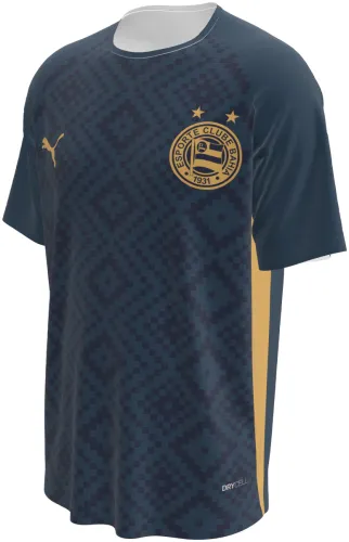 Camisa terceiro uniforme do EC Bahia 2026 azul-petróleo com losangos e dourado, frente e costas