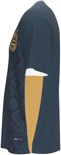 Camisa terceiro uniforme do EC Bahia 2026 azul-petróleo com losangos e dourado, frente e costas