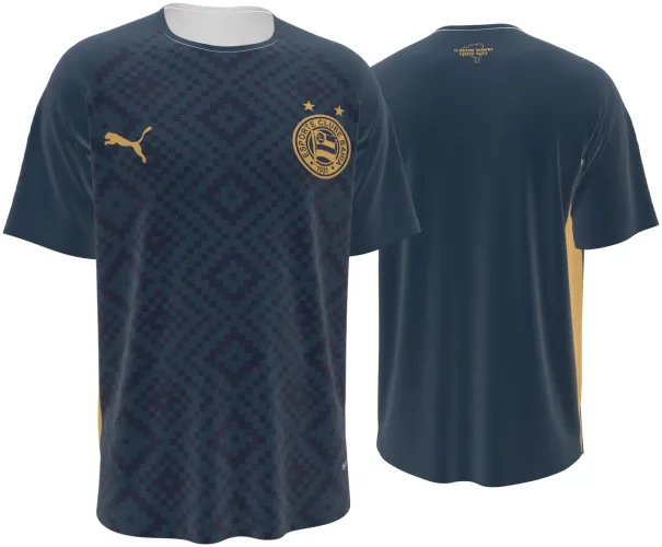 Camisa terceiro uniforme do EC Bahia 2026 azul-petróleo com losangos e dourado, frente e costas